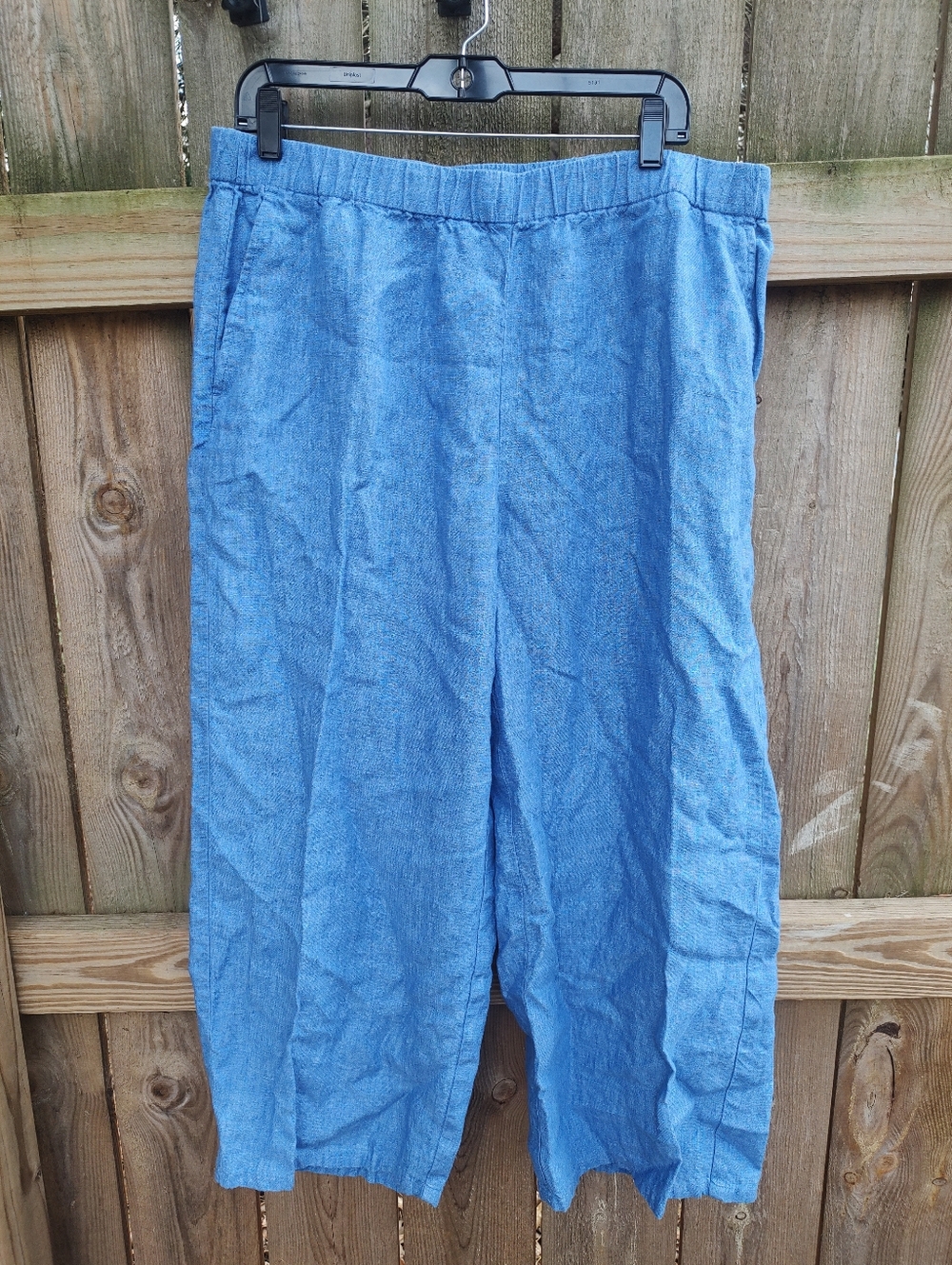 🏵️ Eileen Fisher Blue Organic Linen Pull On Cropped Wide Leg Pants Large